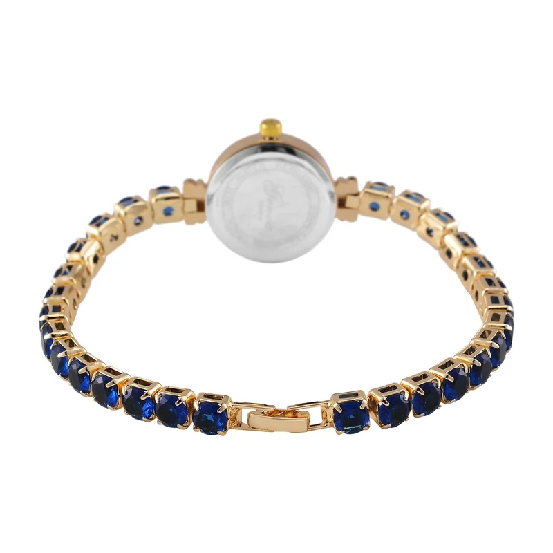 Genoa Time V2 - PC21S Japanisches Uhrwerk, Gehäuse mit weißen Kristallakzenten und PNP-Goldplattierung, runder Zifferblatt mit weißen Ziffern und Kristallen, Kupferkette mit blauen Zirkonia