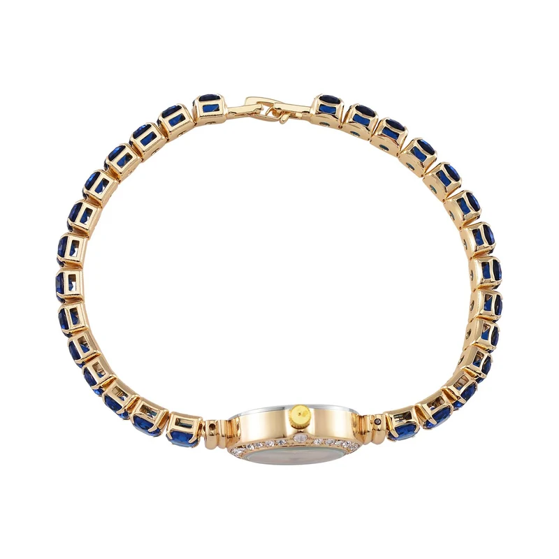 Genoa Time V2 - PC21S Japanisches Uhrwerk, Gehäuse mit weißen Kristallakzenten und PNP-Goldplattierung, runder Zifferblatt mit weißen Ziffern und Kristallen, Kupferkette mit blauen Zirkonia