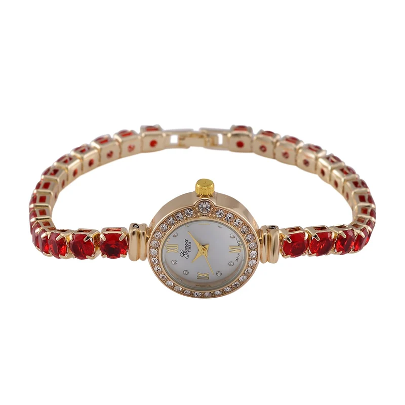 Genoa Time V2 - PC21S Japanisches Uhrwerk, Gehäuse mit weißen Kristallakzenten und PNP-Goldplattierung, runder Zifferblatt mit weißen Ziffern und Kristallen, Kupferkette mit blauen Zirkonia