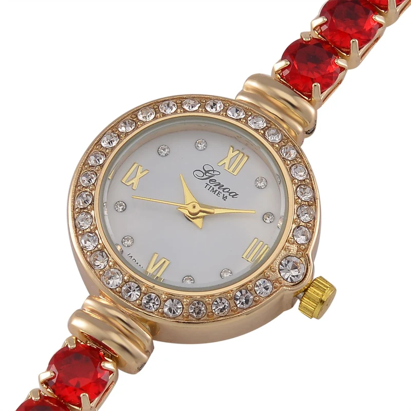 Genoa Time V2 - PC21S Japanisches Uhrwerk, Gehäuse mit weißen Kristallakzenten und PNP-Goldplattierung, runder Zifferblatt mit weißen Ziffern und Kristallen, Kupferkette mit blauen Zirkonia
