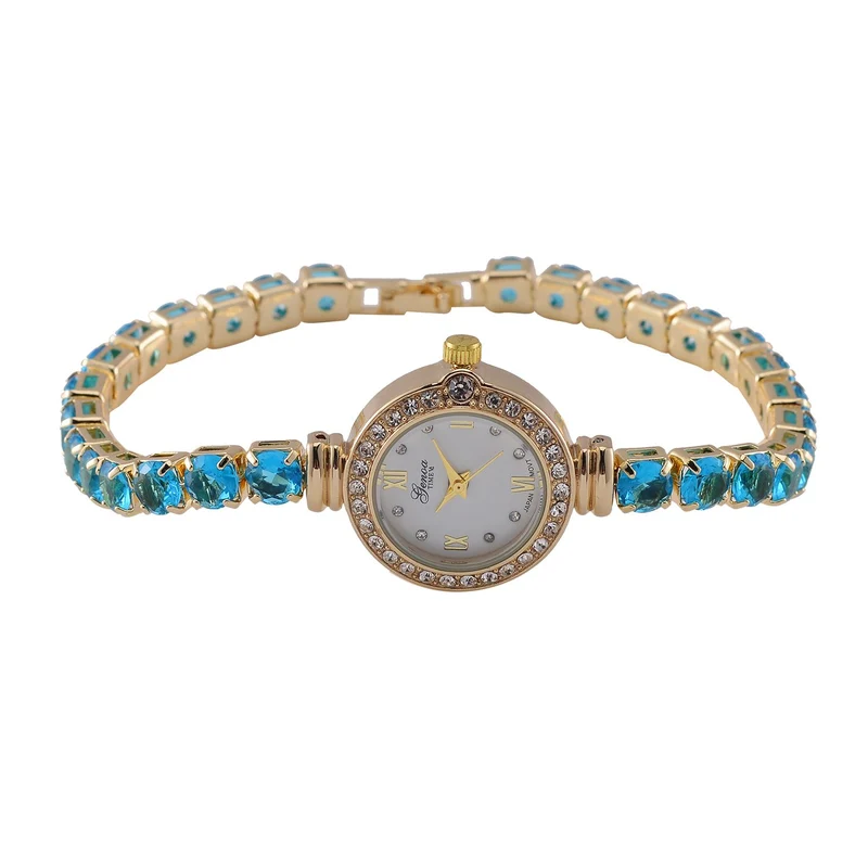 Genoa Time V2 - PC21S Japanisches Uhrwerk, Gehäuse mit weißen Kristallakzenten und PNP-Goldplattierung, runder Zifferblatt mit weißen Ziffern und Kristallen, Kupferkette mit blauen Zirkonia