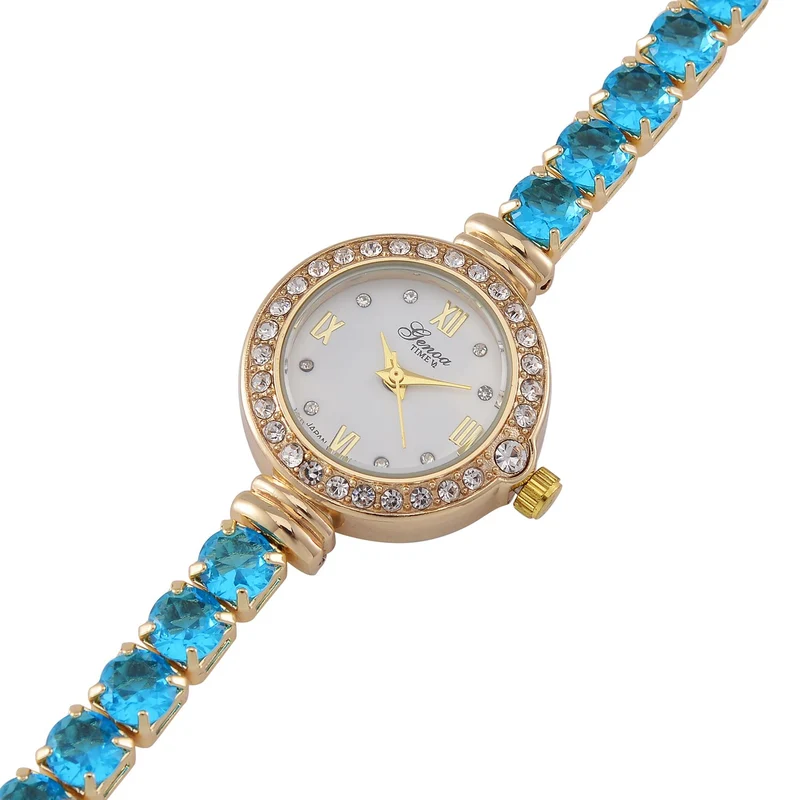 Genoa Time V2 - PC21S Japanisches Uhrwerk, Gehäuse mit weißen Kristallakzenten und PNP-Goldplattierung, runder Zifferblatt mit weißen Ziffern und Kristallen, Kupferkette mit blauen Zirkonia