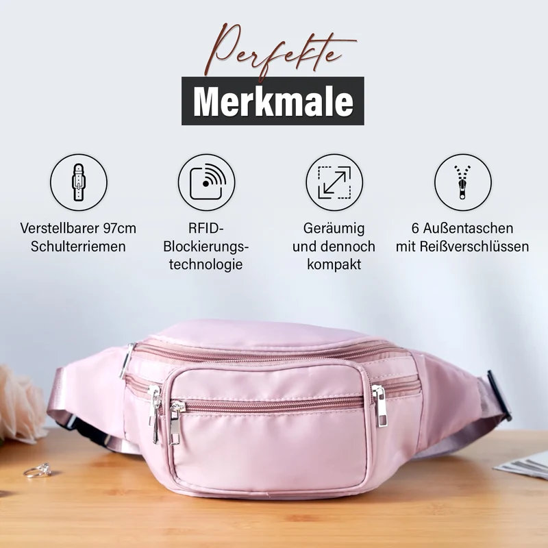 Gürteltasche mit RFID-Schutz, Nylon, 6 Reißverschlussfächer, Schnellverschluss, verstellbarer Schultergurt, Größe 37x10x13,5?cm, marineblau