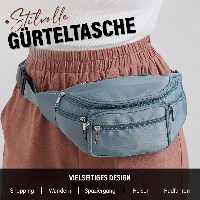 Gürteltasche mit RFID-Schutz, Nylon, 6 Reißverschlussfächer, Schnellverschluss, verstellbarer Schultergurt, Größe 37x10x13,5?cm, marineblau