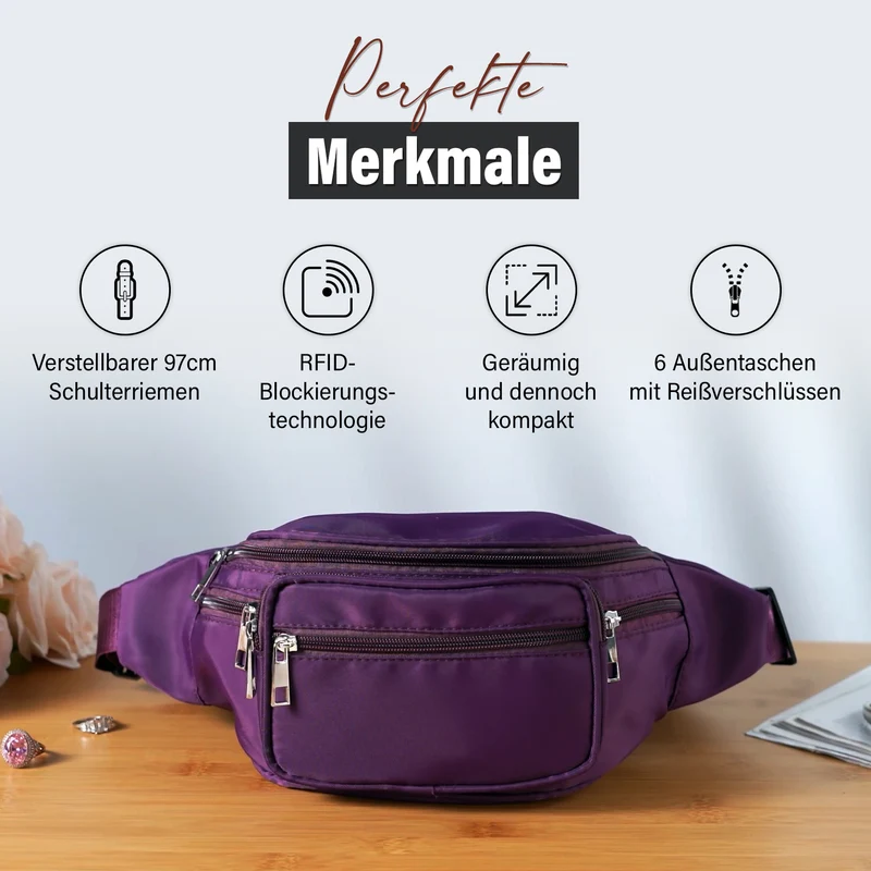 Gürteltasche mit RFID-Schutz, Nylon, 6 Reißverschlussfächer, Schnellverschluss, verstellbarer Schultergurt, Größe 37x10x13,5?cm, marineblau