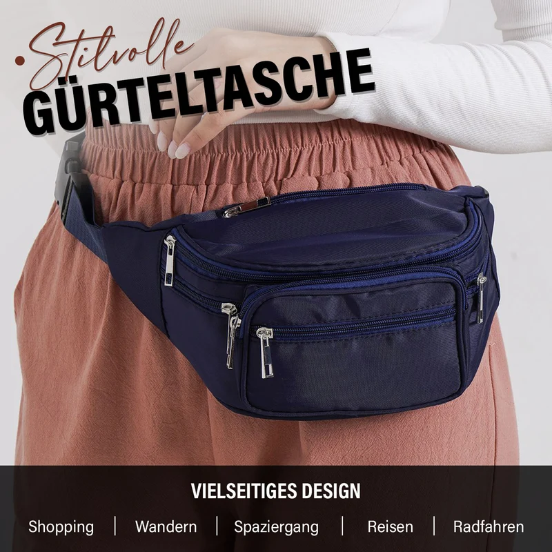 Gürteltasche mit RFID-Schutz, Nylon, 6 Reißverschlussfächer, Schnellverschluss, verstellbarer Schultergurt, Größe 37x10x13,5?cm, marineblau
