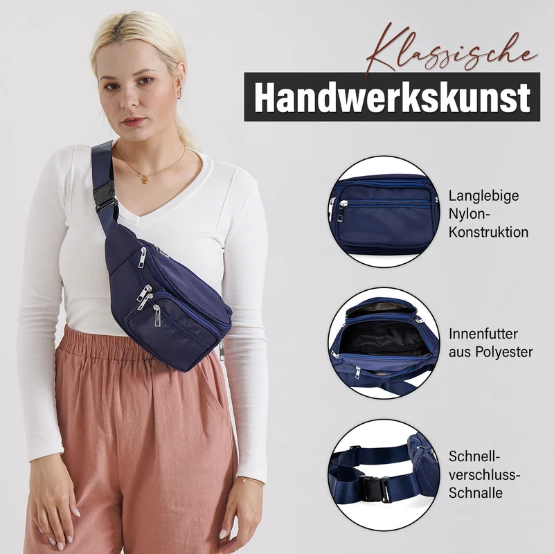 Gürteltasche mit RFID-Schutz, Nylon, 6 Reißverschlussfächer, Schnellverschluss, verstellbarer Schultergurt, Größe 37x10x13,5?cm, marineblau