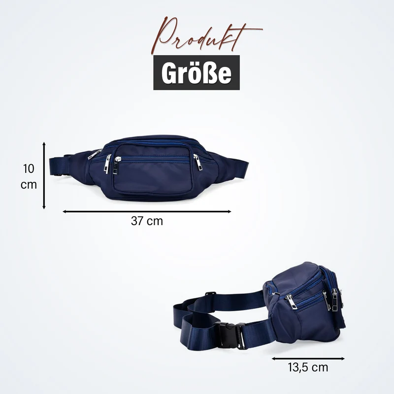 Gürteltasche mit RFID-Schutz, Nylon, 6 Reißverschlussfächer, Schnellverschluss, verstellbarer Schultergurt, Größe 37x10x13,5?cm, marineblau