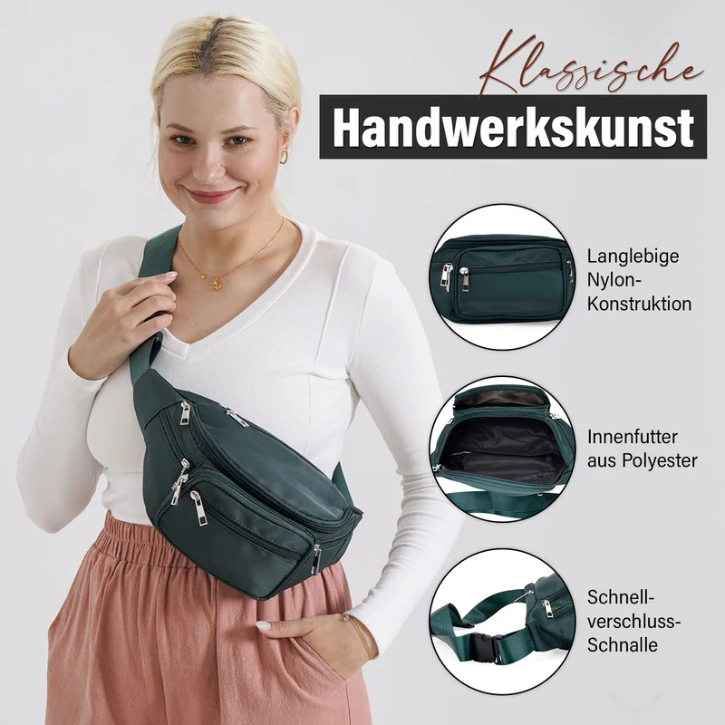 Gürteltasche mit RFID-Schutz, Nylon, 6 Reißverschlussfächer, Schnellverschluss, verstellbarer Schultergurt, Größe 37x10x13,5?cm, marineblau