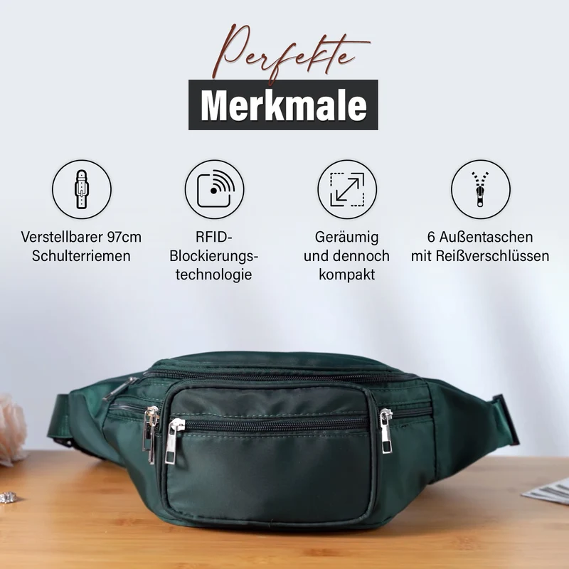 Gürteltasche mit RFID-Schutz, Nylon, 6 Reißverschlussfächer, Schnellverschluss, verstellbarer Schultergurt, Größe 37x10x13,5?cm, marineblau