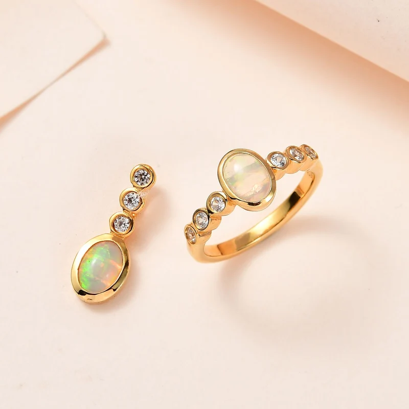 2er Set - AA Natürlicher, äthiopischer Welo Opal Ring und Ohrringe, 925 Silber vergoldet, ca. 1.75 ct