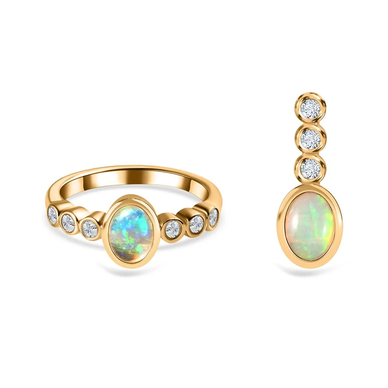 2er Set - AA Natürlicher, äthiopischer Welo Opal Ring und Ohrringe, 925 Silber vergoldet, ca. 1.75 ct
