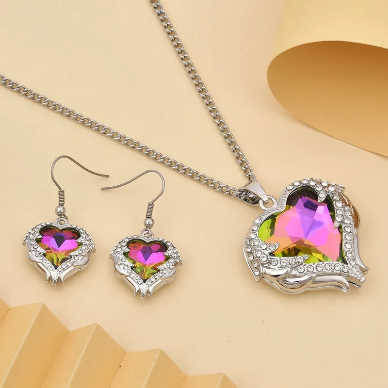 2er Set Glas, Kristall Anhänger mit Kette und Ohrringe, Blau