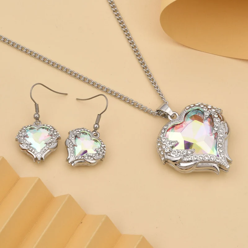 2er Set Glas, Kristall Anhänger mit Kette und Ohrringe, Blau