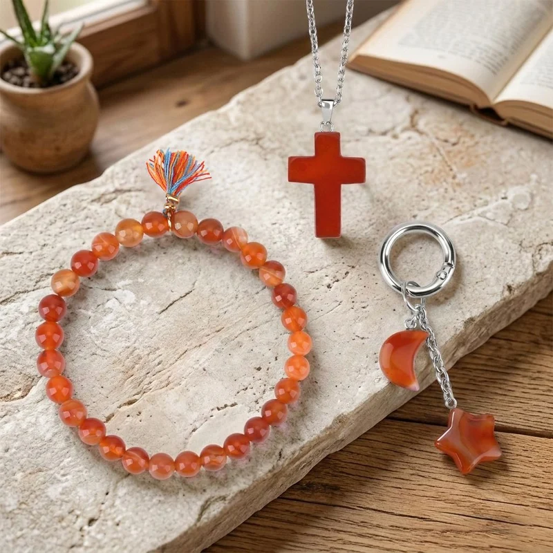 3er Set Rosenquarz Schmuckset mit Schlüsselanhänger, Armband und Halskette mehrfarbig
