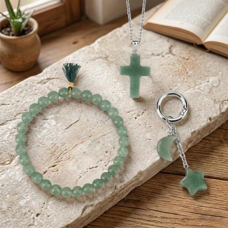 3er Set Rosenquarz Schmuckset mit Schlüsselanhänger, Armband und Halskette mehrfarbig