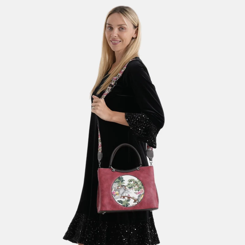Florale Kunstprint Crossbody-Tasche mit gemustertem Schulterriemen, 30 x 18 x 22 cm, Marineblau