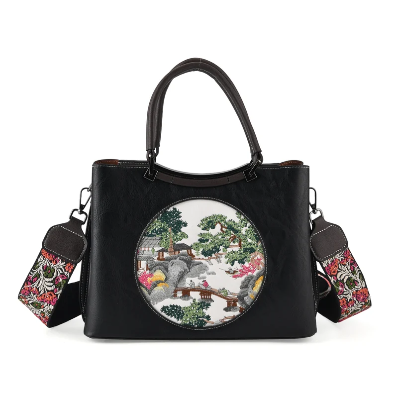 Florale Kunstprint Crossbody-Tasche mit gemustertem Schulterriemen, 30 x 18 x 22 cm, Marineblau