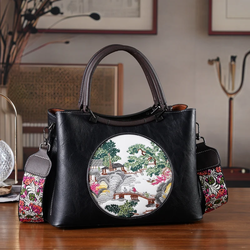 Florale Kunstprint Crossbody-Tasche mit gemustertem Schulterriemen, 30 x 18 x 22 cm, Marineblau