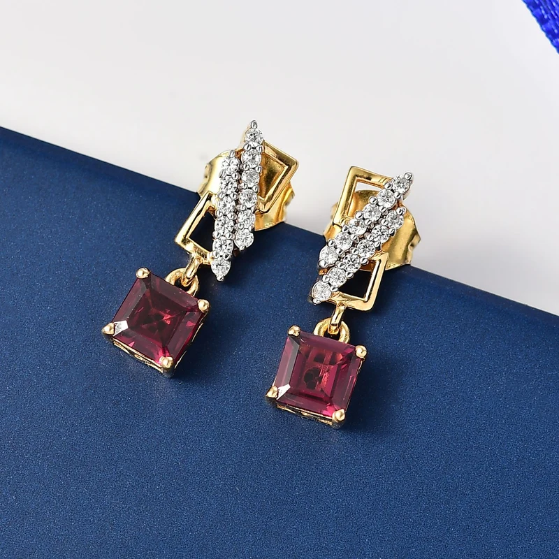 D'Joy AA Natürlicher Rhodolith Granat, Weißer Zirkon Ohrringe 925 Silber 750 Gelb Vergoldet ca. 1.98 ct