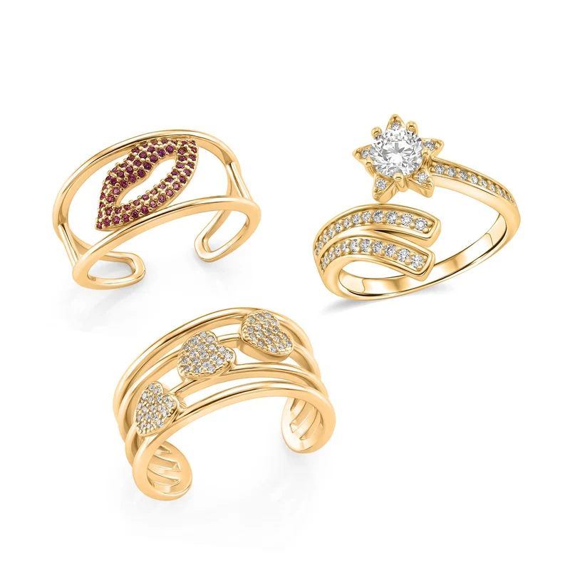 3er-Set weiße Zirkonia Ringe mit Stern-, Herz- und Lippenmotiv, Messing
