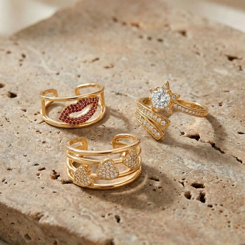 3er-Set weiße Zirkonia Ringe mit Stern-, Herz- und Lippenmotiv, Messing