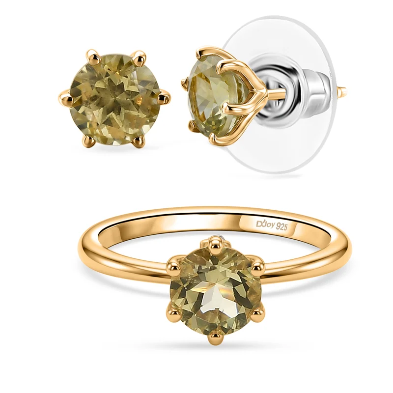 2er Set - D'Joy Ouro Verde-Quarz Ring und Ohrringe, 925 Silber 750 Vergoldet (Größe 17.00) ca. 2,37 ct.