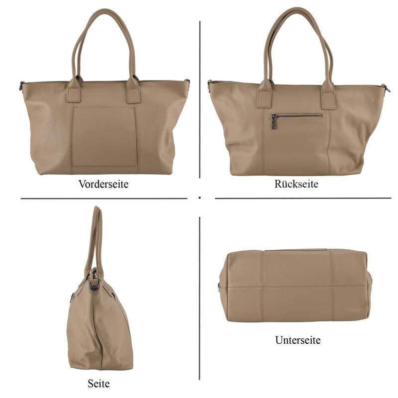 Echtleder-Schultertasche, Shopper-Design, Reißverschluss, abnehmbarer Schulterriemen, 38x17x30 cm, Aprikose
