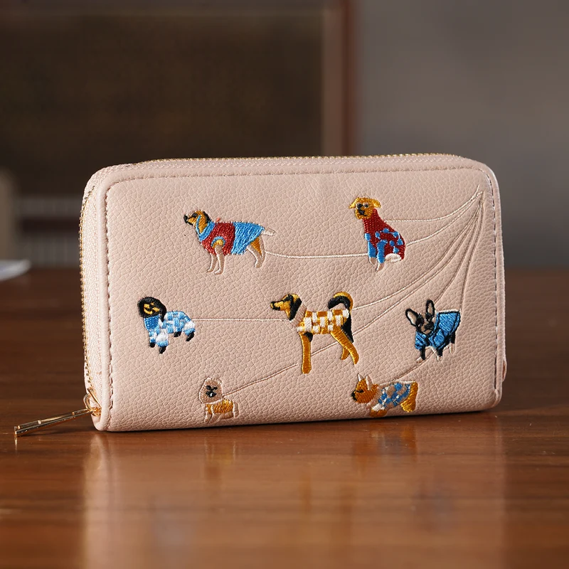 Bestickte Blumen Design Geldbörse mit RFID Schutz, PU Leder, 16 x 3 x 10 cm, Hellgrün