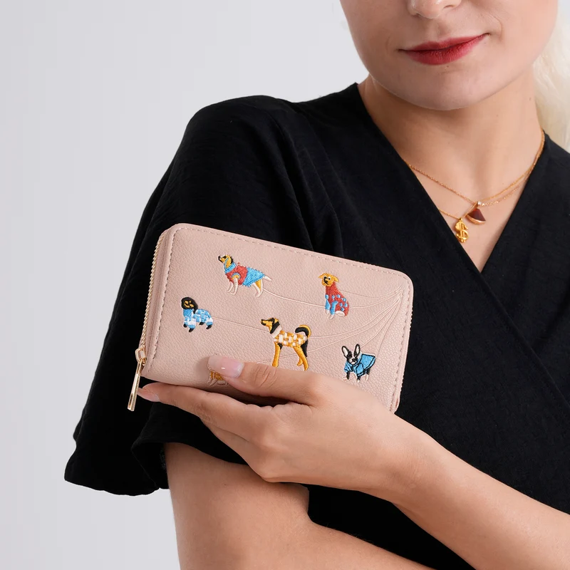 Bestickte Blumen Design Geldbörse mit RFID Schutz, PU Leder, 16 x 3 x 10 cm, Hellgrün