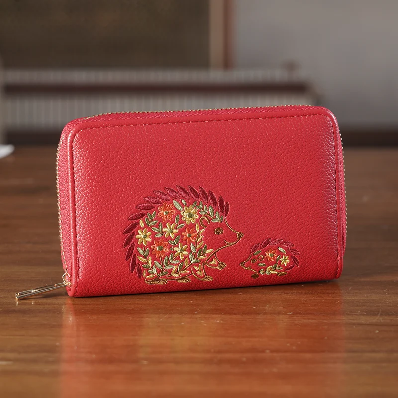 Bestickte Blumen Design Geldbörse mit RFID Schutz, PU Leder, 16 x 3 x 10 cm, Hellgrün