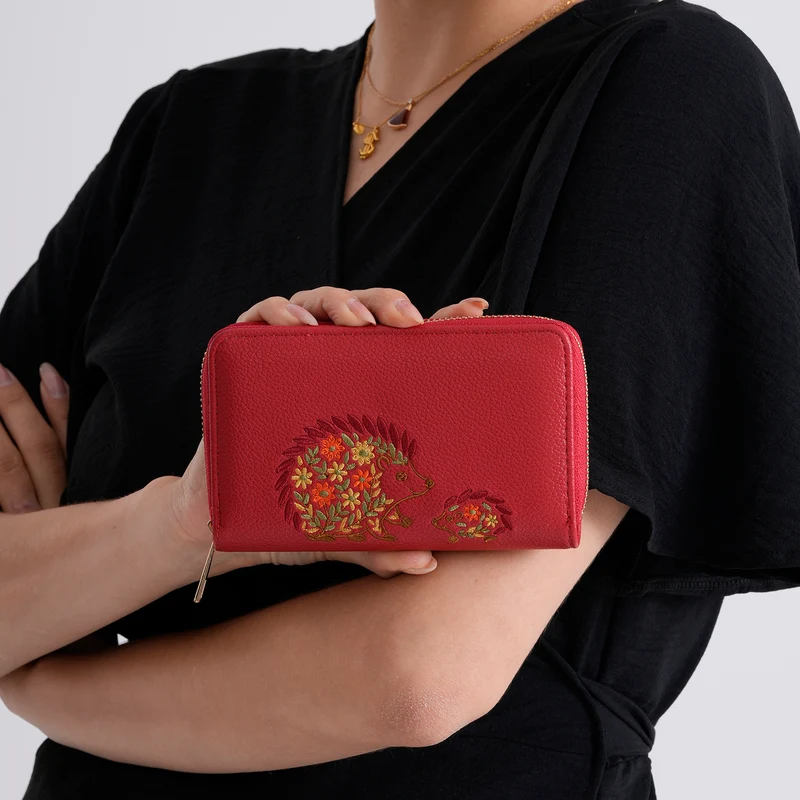 Bestickte Blumen Design Geldbörse mit RFID Schutz, PU Leder, 16 x 3 x 10 cm, Hellgrün