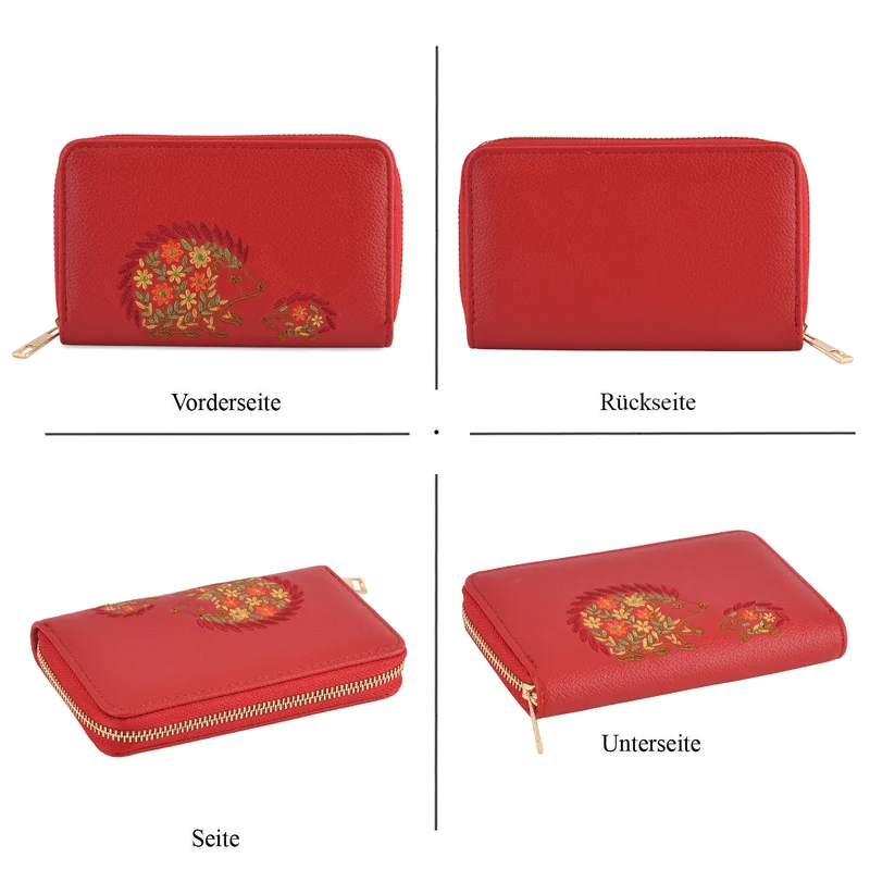Bestickte Blumen Design Geldbörse mit RFID Schutz, PU Leder, 16 x 3 x 10 cm, Hellgrün
