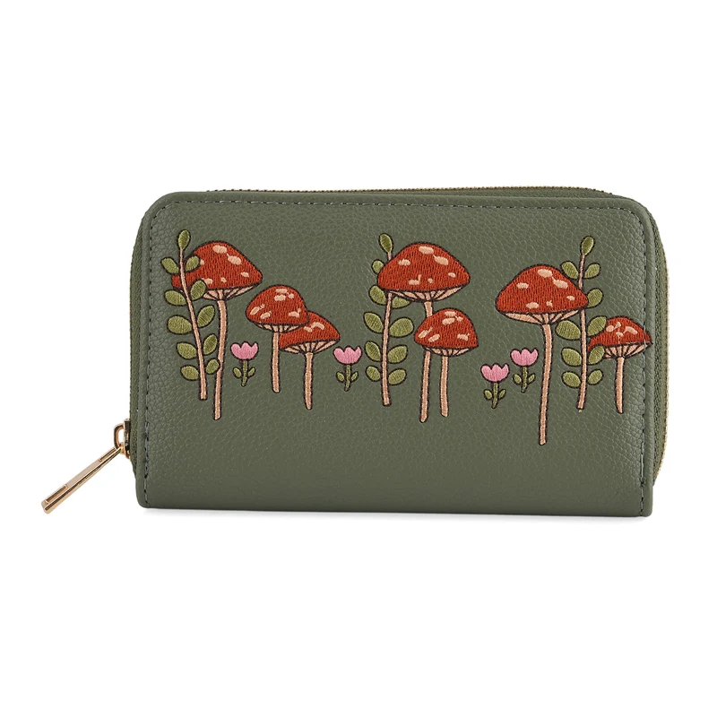 Bestickte Blumen Design Geldbörse mit RFID Schutz, PU Leder, 16 x 3 x 10 cm, Hellgrün