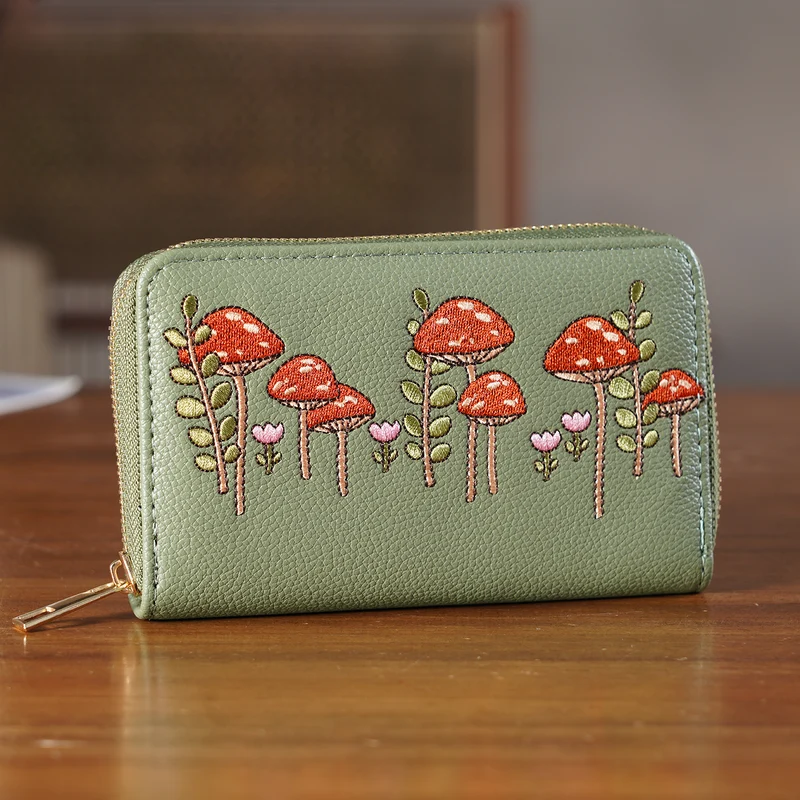 Bestickte Blumen Design Geldbörse mit RFID Schutz, PU Leder, 16 x 3 x 10 cm, Hellgrün
