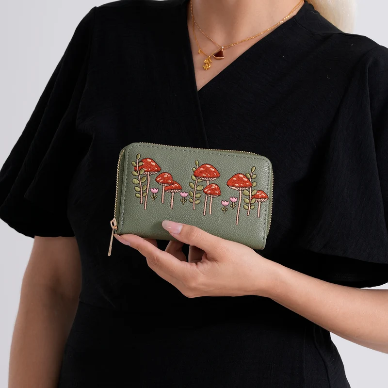 Bestickte Blumen Design Geldbörse mit RFID Schutz, PU Leder, 16 x 3 x 10 cm, Hellgrün