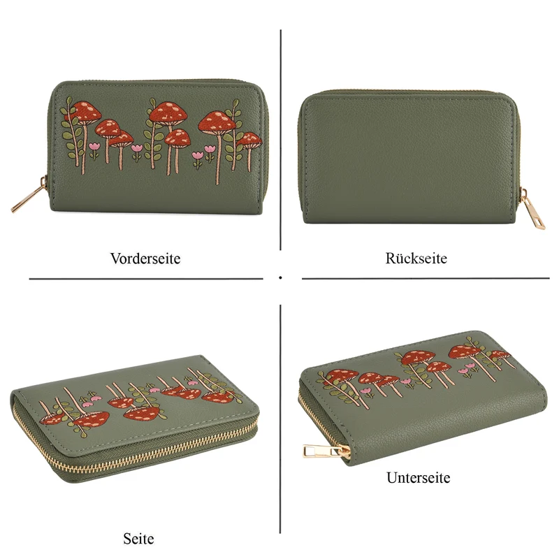 Bestickte Blumen Design Geldbörse mit RFID Schutz, PU Leder, 16 x 3 x 10 cm, Hellgrün