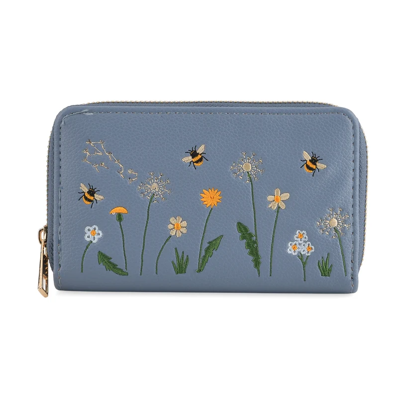 Bestickte Blumen Design Geldbörse mit RFID Schutz, PU Leder, 16 x 3 x 10 cm, Hellgrün