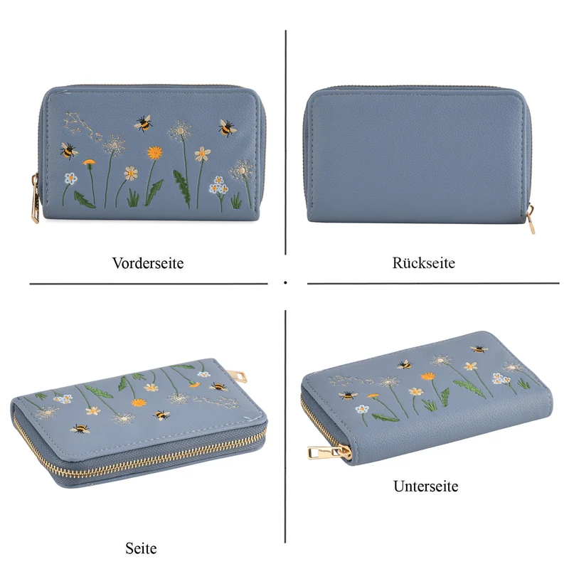 Bestickte Blumen Design Geldbörse mit RFID Schutz, PU Leder, 16 x 3 x 10 cm, Hellgrün