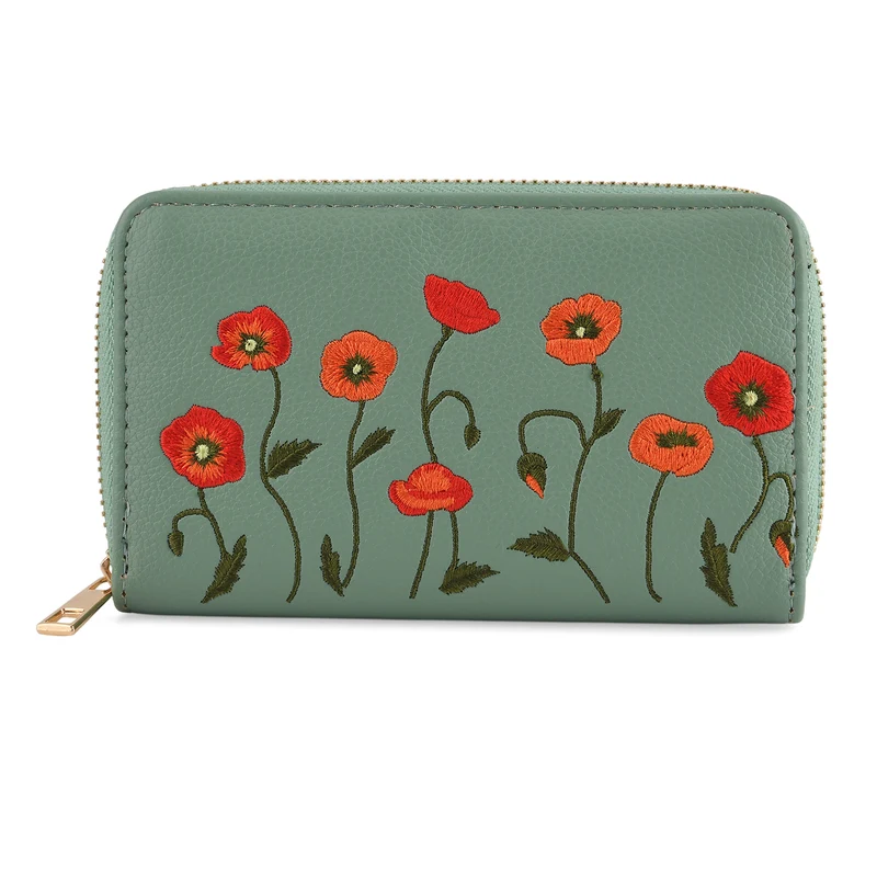 Bestickte Blumen Design Geldbörse mit RFID Schutz, PU Leder, 16 x 3 x 10 cm, Hellgrün