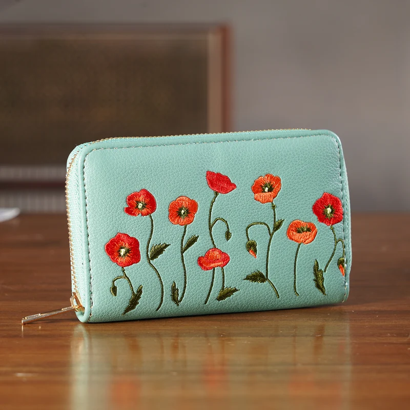Bestickte Blumen Design Geldbörse mit RFID Schutz, PU Leder, 16 x 3 x 10 cm, Hellgrün