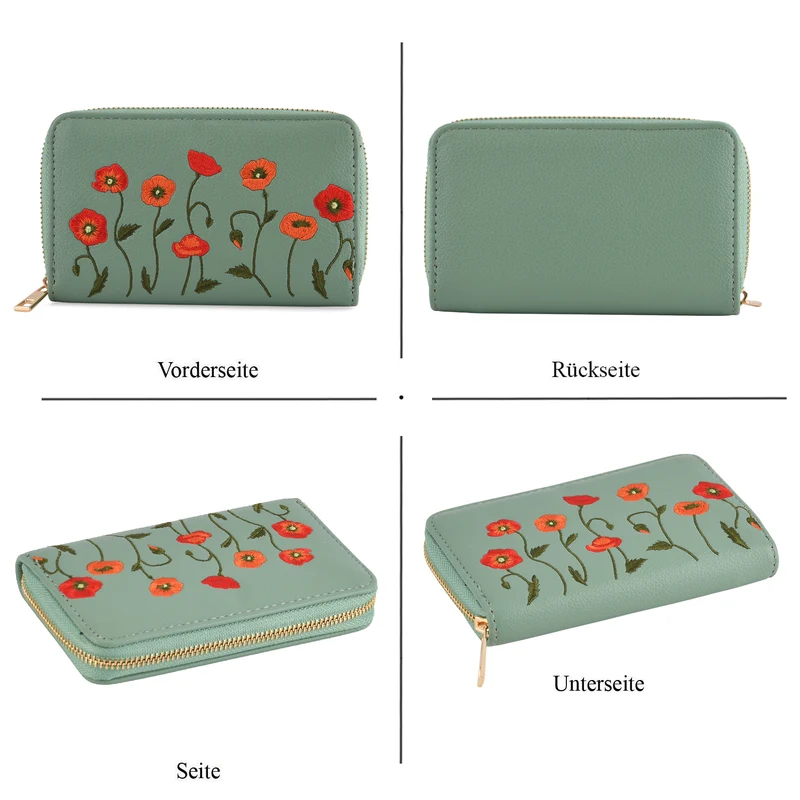 Bestickte Blumen Design Geldbörse mit RFID Schutz, PU Leder, 16 x 3 x 10 cm, Hellgrün