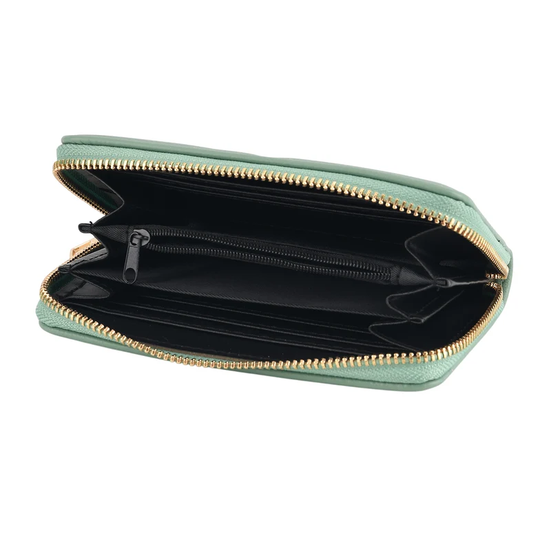 Bestickte Blumen Design Geldbörse mit RFID Schutz, PU Leder, 16 x 3 x 10 cm, Hellgrün