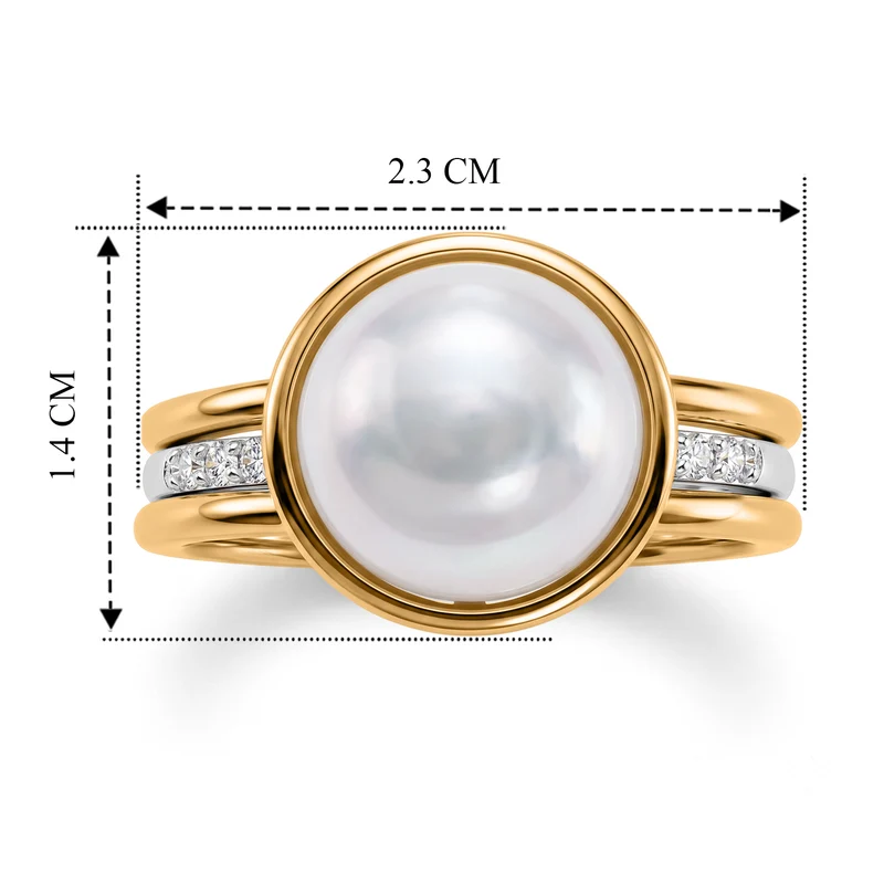 2er Set - D'joy Stapelringe mit Moissanit und weißer Edison-Perle (10-11 mm), 925 Silber rhodiniert und 925 Silber vergoldet, Größe 19.00 0.26 ct