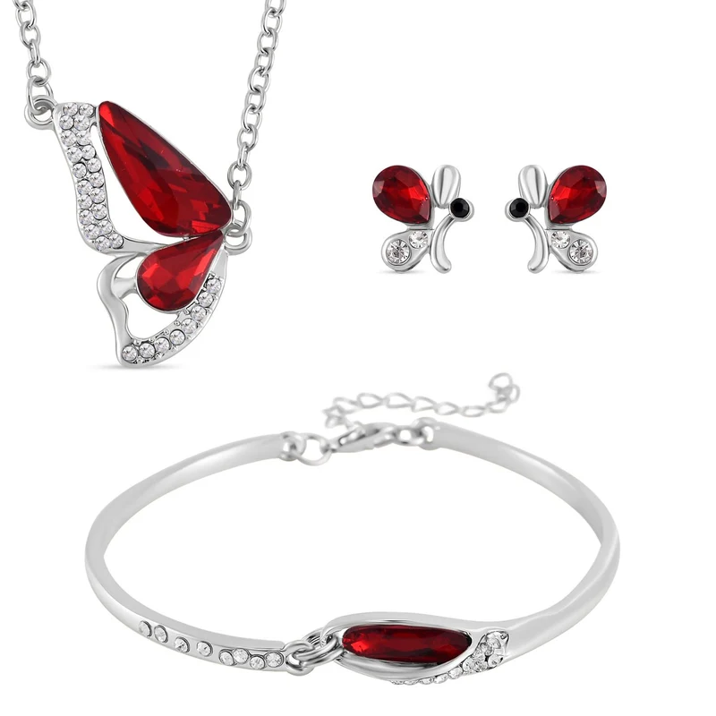 3er Set - Roter Kristall, Schwarzer Kristall Schmetterling Halskette (ca. 50 cm + 5 cm Extender), Armband (ca. 19 cm + 5 cm Extender) und Ohrringe