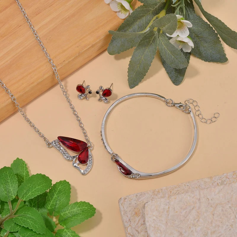 3er Set - Roter Kristall, Schwarzer Kristall Schmetterling Halskette (ca. 50 cm + 5 cm Extender), Armband (ca. 19 cm + 5 cm Extender) und Ohrringe