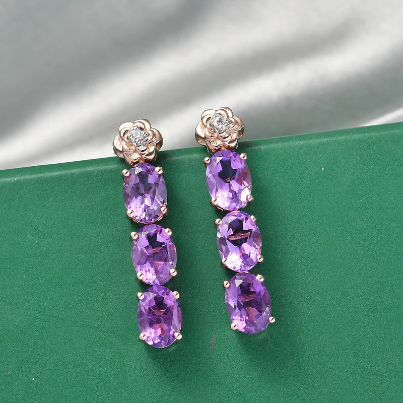 GP - AAA Rose De France Amethyst, Weißer Zirkon Ohrringe 925 Silber 750 Roségold Vermeil ca. 4,85 ct.