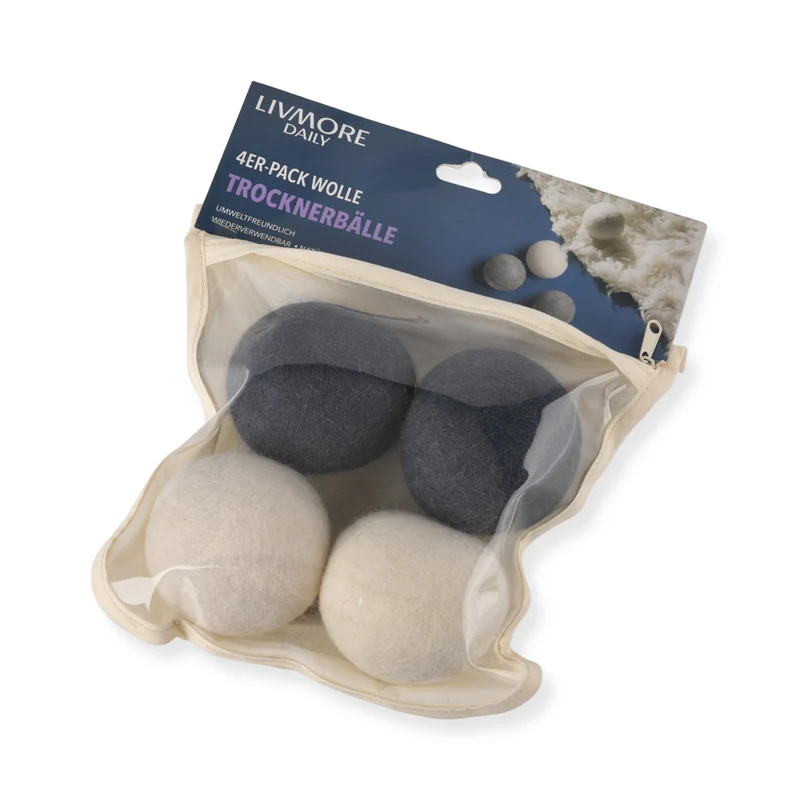LIVMORE Trocknerbälle aus Wollfilz zur Wäschepflege, 4er Set, Grau Weiß