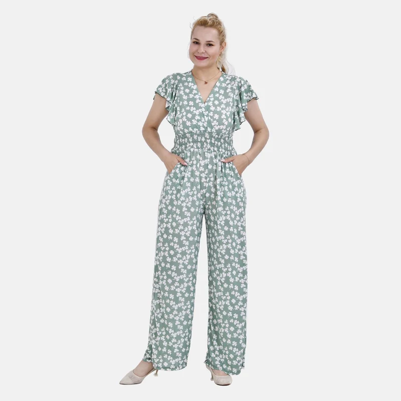 Jumpsuit mit gesmokter Taille und Flatterärmel, 70's