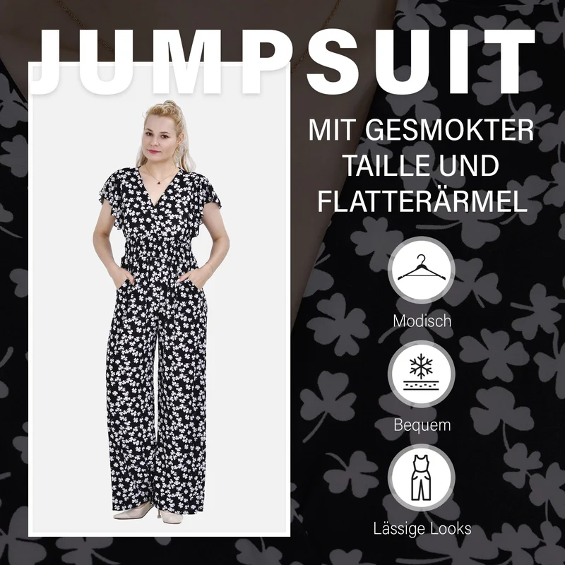 Jumpsuit mit gesmokter Taille und Flatterärmel, 70's